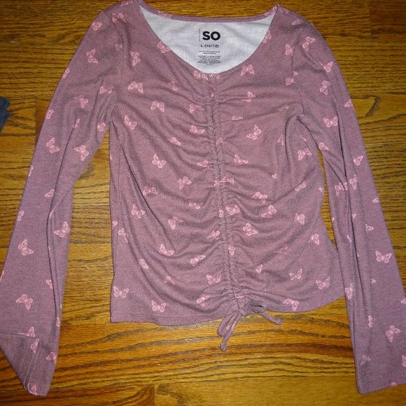 Girls Size Large 10/12 Butterfly Ruched Long Sleeve Top - Picture 4 of 4